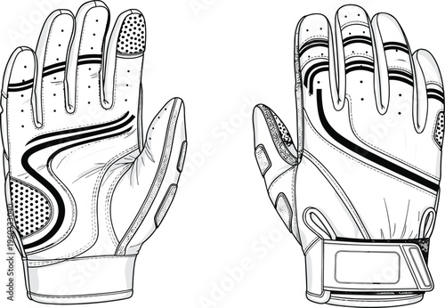 Vector illustration of baseball batting gloves, front and back view, black and white outline sketch, sports equipment design, protective gear.