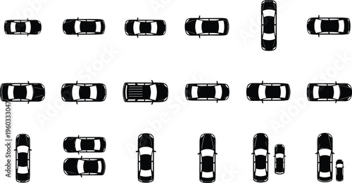 Vector illustration of black car silhouettes from top view, multiple vehicle icons set isolated on white for architectural site plans.