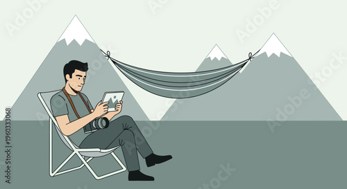 Man With Tablet Relaxing In Hammock Amongst Snowy Mountains