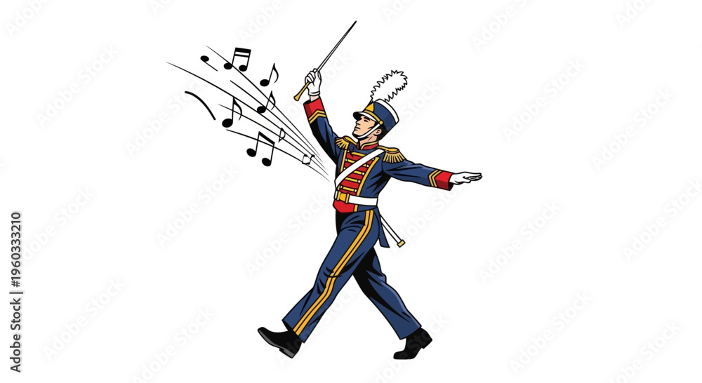 Fototapeta premium Marching Band Conductor Leading Music With Baton And Notes