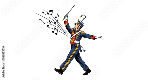 Marching Band Conductor Leading Music With Baton And Notes