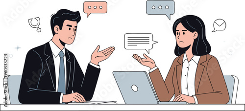 Business meeting discussion between colleagues, vector illustration of man and woman talking with laptop in office