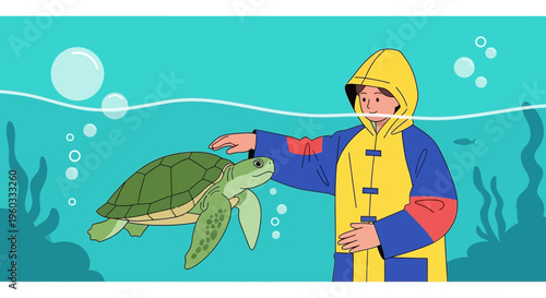 Marine Conservationist Interacting With A Sea Turtle Underwater Scene