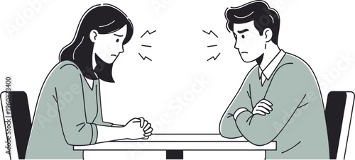Couple arguing at table, vector illustration of relationship conflict and communication problem between man and woman