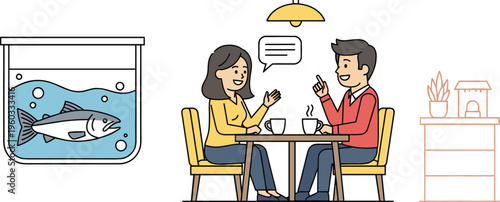 Couple talking over coffee in cafe with aquarium, vector illustration of friendly conversation and relationship bonding