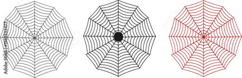 Vector illustration of intricate spider webs in gray, black, and red colors, creepy cobweb set isolated on white for Halloween.