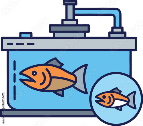 Fish tank icon with filtration system, vector illustration of aquarium equipment and water purification concept
