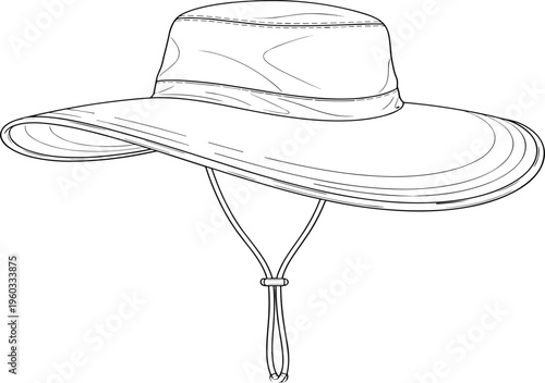 Vector line art of a wide brim sun hat with adjustable chin strap, outdoor adventure headwear, summer fashion technical apparel sketch