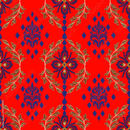 Elegant vintage floral seamless pattern with damask ornaments and decorative leaves in classic style for textile and wallpaper design.