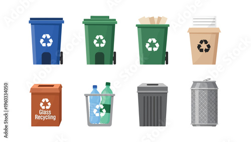 Recycling Bins & Waste Containers Set: Diverse types for sorting paper, plastic, glass, and metal. Eco-friendly waste management illustration.