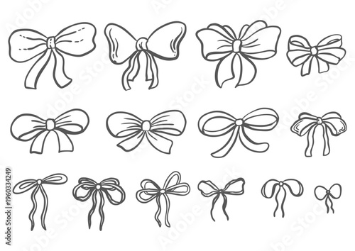 Set of whimsical bows from ribbon vector graphic illustration. Isolated doodles of vintage textile decoration for coquettecore designs. Hand drawn silk tied streamers for card, wedding, Valentines.