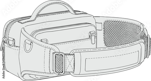 Vector technical line art illustration of a multifunctional utility waist bag featuring a top carry handle, padded belt, and D-ring attachments.