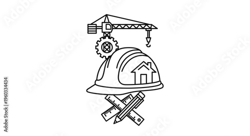 Construction industry symbol with crane, helmet, gear, ruler, and pencil for design and building.
