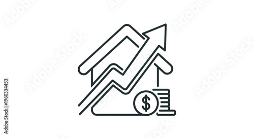 Real estate market growth represented by house and rising arrow with dollar sign.