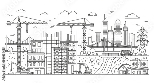 Construction site with cranes and buildings under development in urban area.