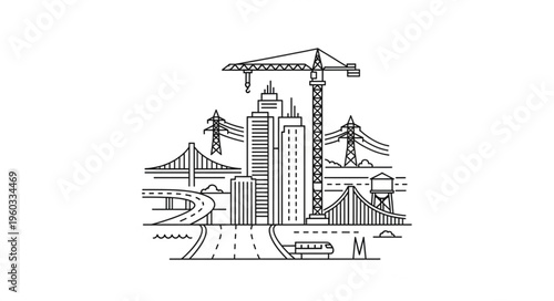 Urban development illustration featuring skyscrapers, bridge, and construction crane, a city skyline.
