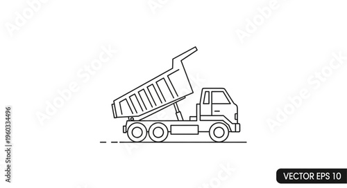 Detailed outline illustration of a dump truck with its bed raised, ready to unload materials.
