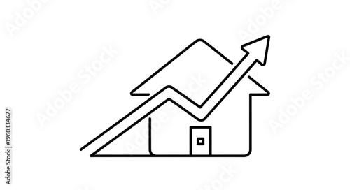 House price increase concept, showing upward trend with arrow, real estate market growth.