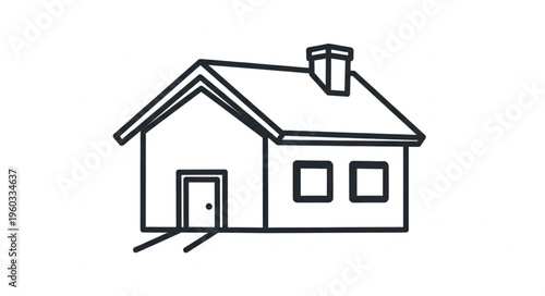 Simple house illustration depicting a residential building with a chimney and windows, a front door, and a driveway.