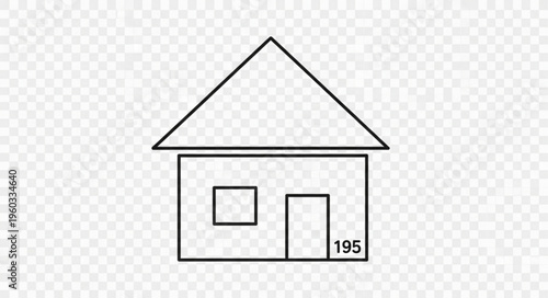 Simple house illustration with a triangular roof and a door with the number 195.
