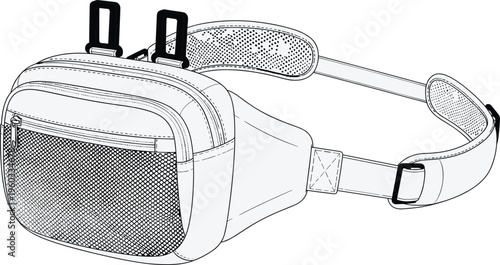 Vector technical line art illustration of a multifunctional waist bag with mesh pocket, adjustable padded straps, and utility attachments for outdoor travel