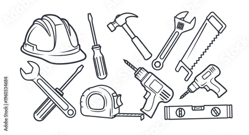 Collection of various hand tools for construction and repair work, black and white illustration.