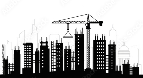 Construction site with crane and buildings under development in silhouette.