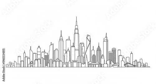 Sketch of a modern city skyline with tall buildings and architectural designs.