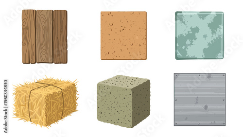 Various game asset textures: wood, sand, water, hay, stone, and metal blocks for digital design
