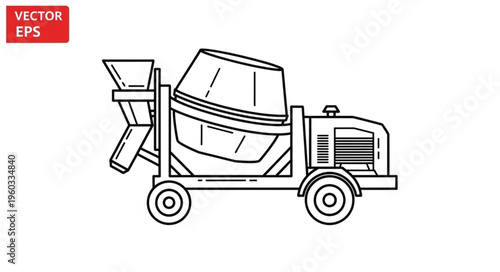 Detailed outline of a concrete mixer truck, ready for construction work, vector illustration.