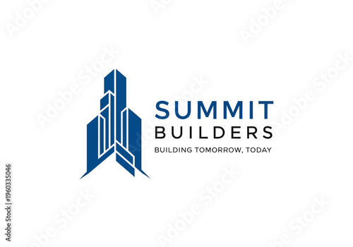 Modern architectural emblem featuring sleek blue skyscrapers, representing urban development, professional construction, and corporate identity design
