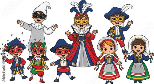 Kids in carnival costumes with masks, vector illustration of children celebrating festival in traditional and masquerade outfits