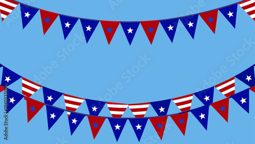 Patriotic red blue and white triangular bunting flags arranged in two elegant curved string lines Vector