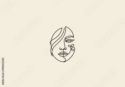 Minimalist continuous line art logo featuring a graceful woman's face intertwined with delicate floral elements, perfect for a modern beauty salon or wellness brand identity