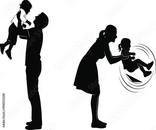 Vector, black, silhouettes, of, a, father, lifting, his, son, and, a, mother, swinging, her, daughter, for, happy, family, parenting