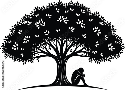 Vector, black, silhouette, of, a, lonely, person, sitting, sadly, under, a, large, leafy, tree, representing, depression, solitude, grief, and, nature