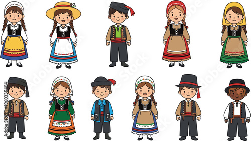 Kids in traditional European costumes set, vector illustration of children wearing folk outfits from different cultures