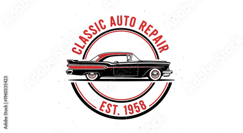 Retro classic car repair shop emblem featuring a detailed vintage sedan in a bold circular design, signifying automotive service excellence