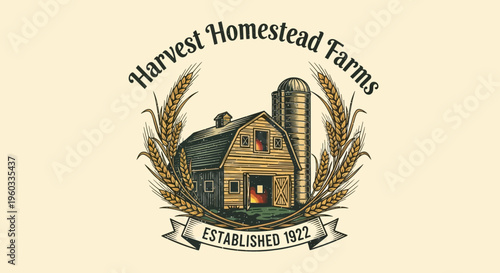 Vintage Harvest Homestead Farms logo featuring a barn, silo, and wheat, established 1922, symbolizing rural agriculture and heritage
