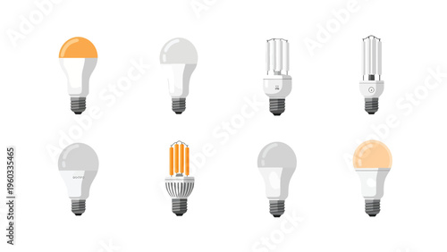 Modern Energy-Efficient Light Bulbs Set. Flat vector illustration of LED and CFL lamps for lighting technology.