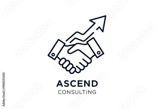 Business partnership handshake with upward arrow representing growth and success, Ascend Consulting logo