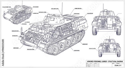 Comprehensive engineering blueprint of an armored combat vehicle, showcasing its intricate structural layout, internal components, and detailed mechanical systems