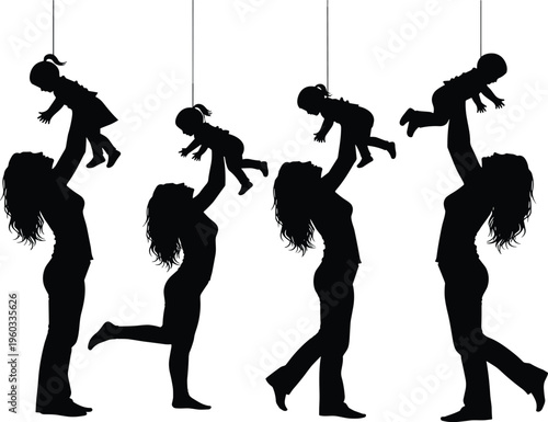 Vector, black, silhouettes, of, mothers, lifting, their, babies, and, toddlers, high, in, the, air, for, motherhood, and, family, love, designs