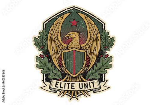 Classic Elite Unit Emblem Retro Style with Oak Leaves and Shield