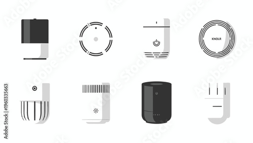 Smart Home Devices Icons Set. Flat design vector elements for IoT, home automation, smart speakers, and air purifiers.