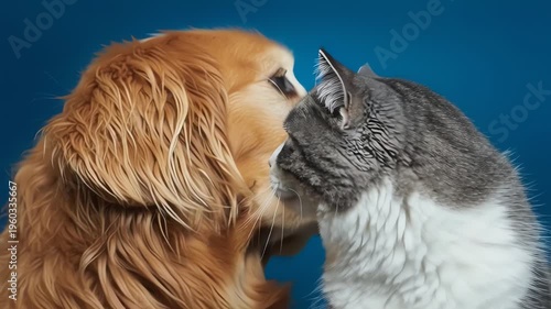 Golden Retriever and Grey Cat Rubbing Noses in Friendship