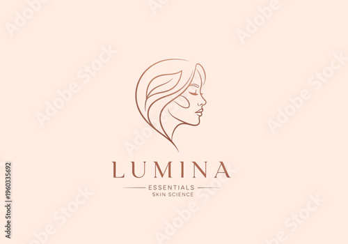 LUMINA ESSENTIALS SKIN SCIENCE Elegant logo design featuring a profile of a woman with flowing hair and subtle leaf accents, symbolizing natural beauty and skincare