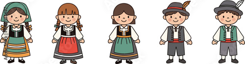 Kids in traditional folk costumes, vector illustration of children wearing cultural outfits and heritage clothing