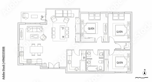 Classic detailed architectural blueprint illustrating a spacious residential apartment, showcasing a well-organized interior layout designed for comfortable and modern urban living spaces