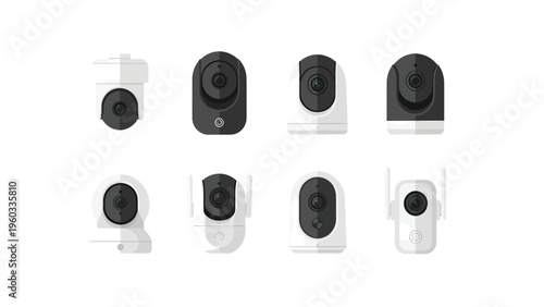 Modern Security Camera Icons Set. Flat Design IP Surveillance Devices for Smart Home Technology